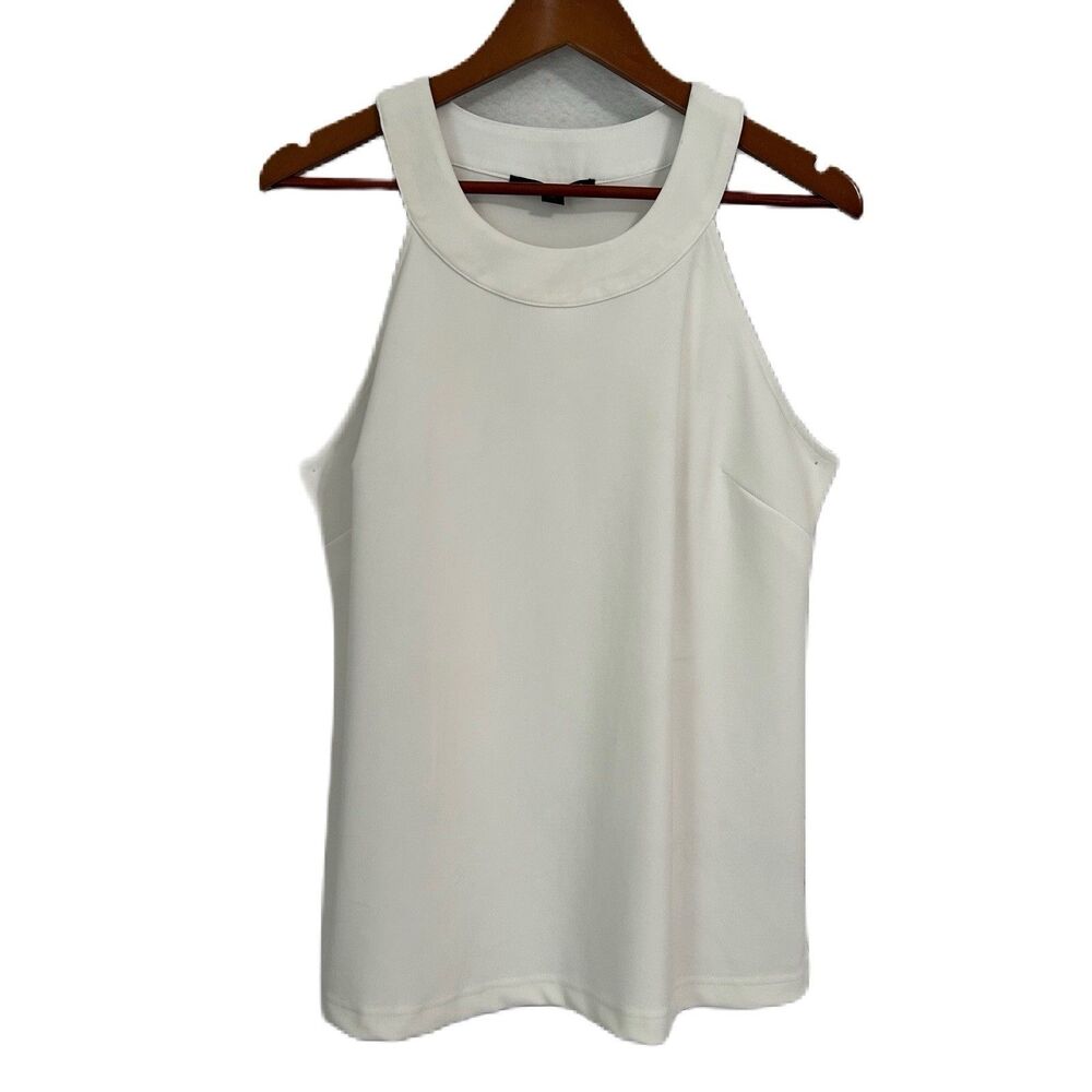 Boston Proper Top Women L Ivory Halter Crew Stretch Knit Slits Business Casual